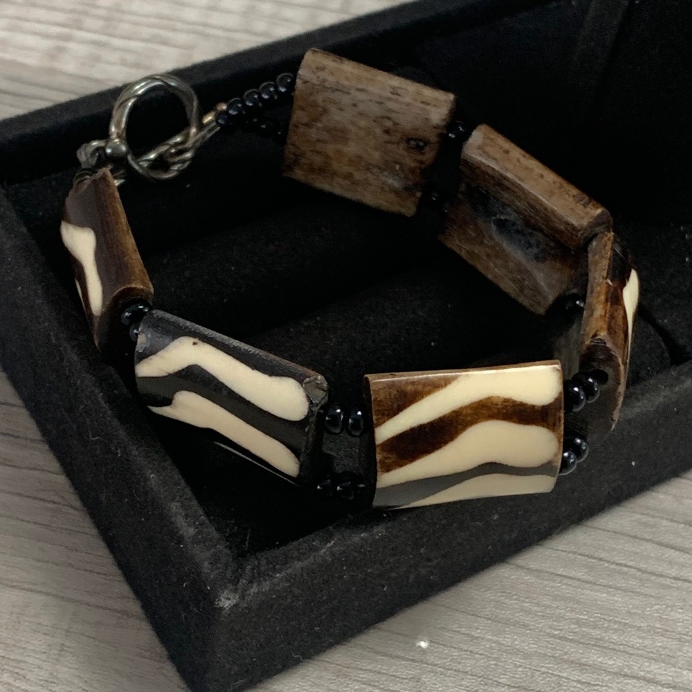 Batik Bone Bead Toggle Bracelet Zebra Stripe Tribal Boho Brown Cream 6.5"